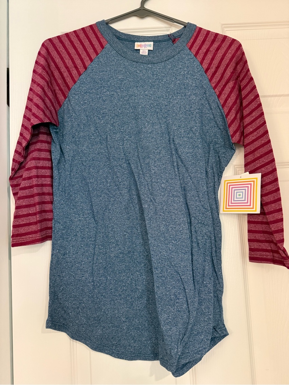 LuLaRoe Randy Blue Heather Raglan Top with Pink Striped Sleeves
